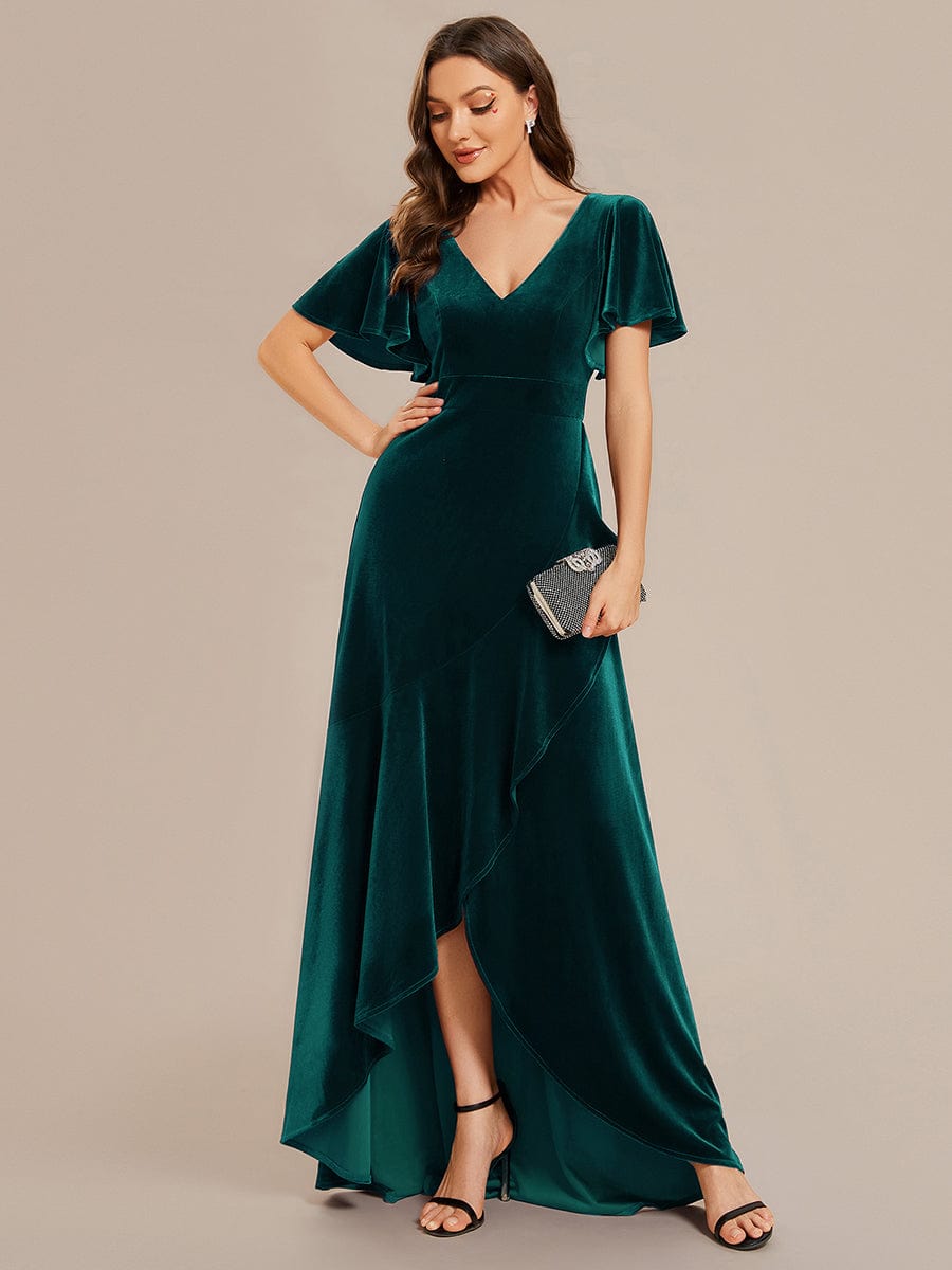 Double V-Neck Velvet Evening Dress with Lotus Leaf Hem