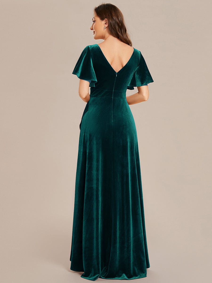 Double V-Neck Velvet Evening Dress with Lotus Leaf Hem