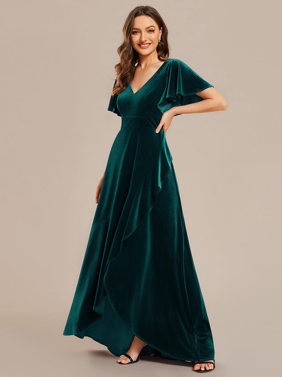 Double V-Neck Velvet Evening Dress with Lotus Leaf Hem