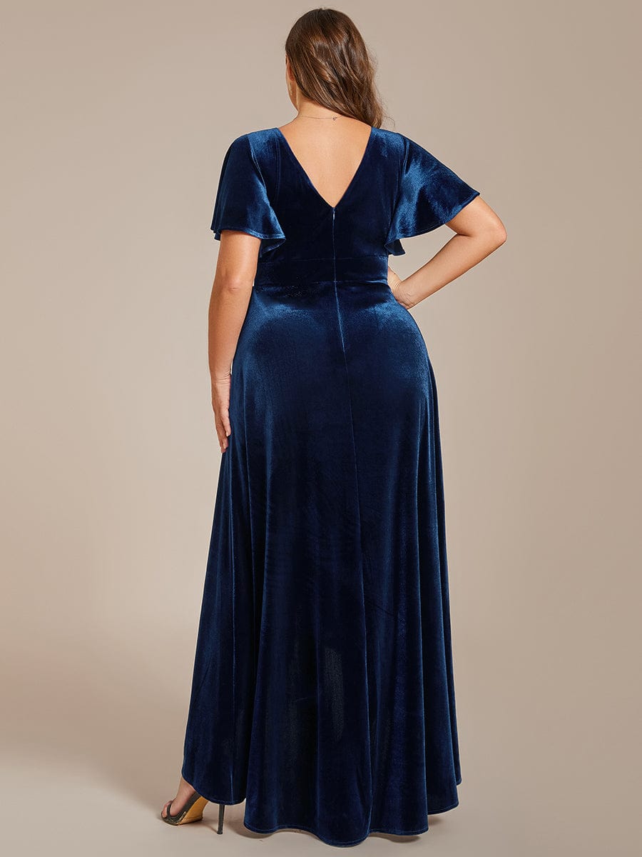 Double V-Neck Velvet Evening Dress with Lotus Leaf Hem