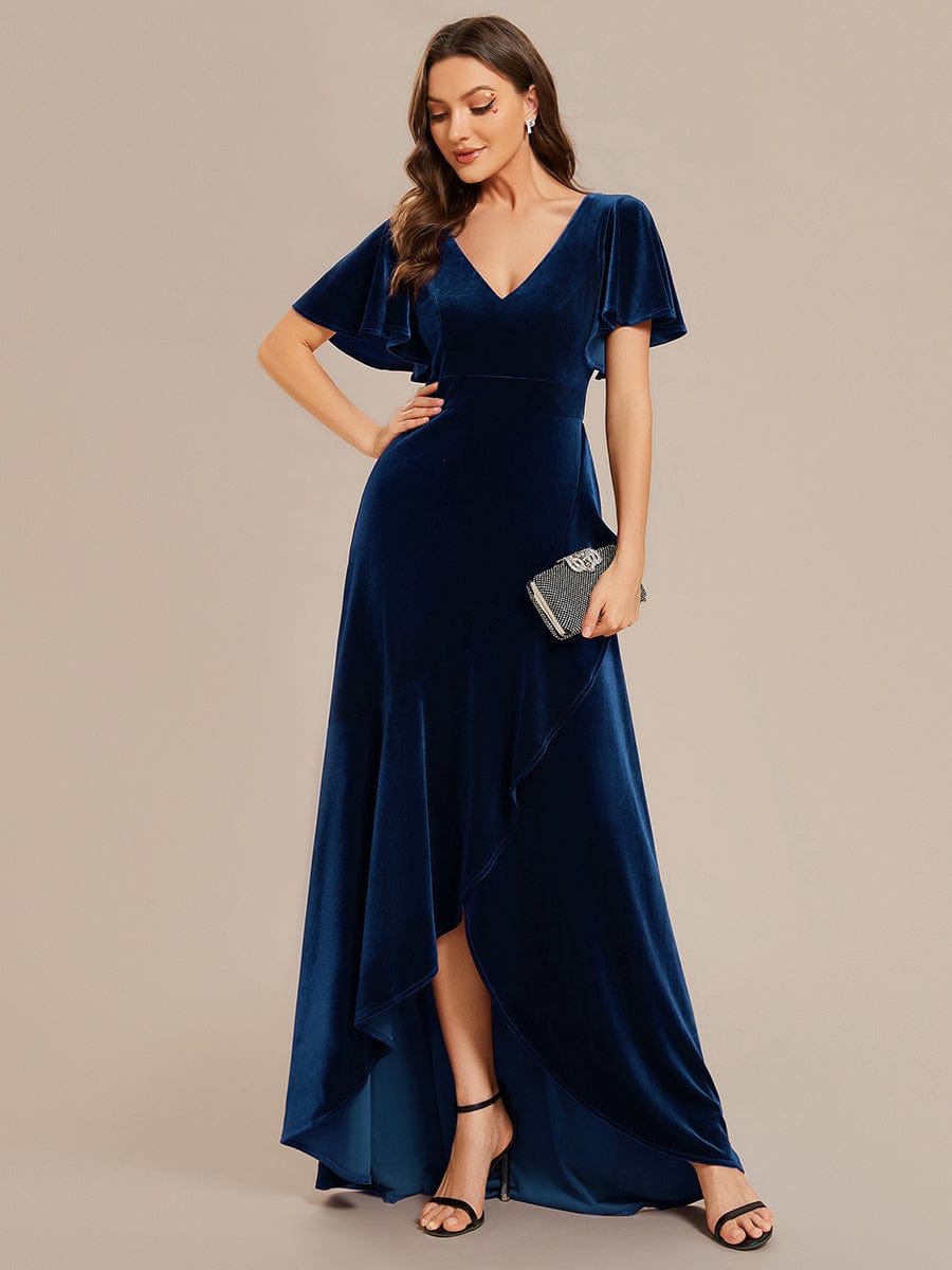 Double V-Neck Velvet Evening Dress with Lotus Leaf Hem