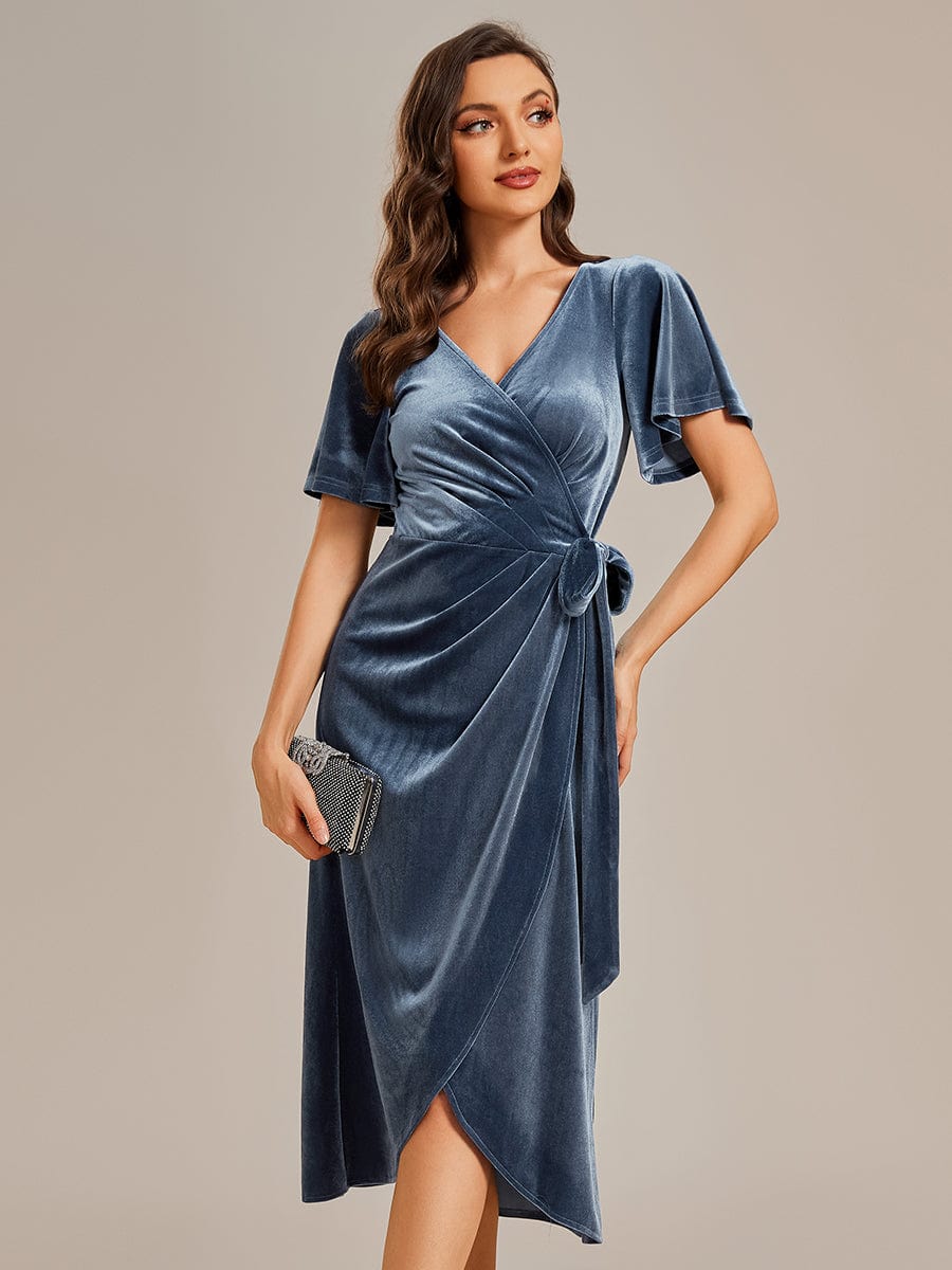 Velvet V-Neck Short Sleeve Midi Wedding Guest Dress