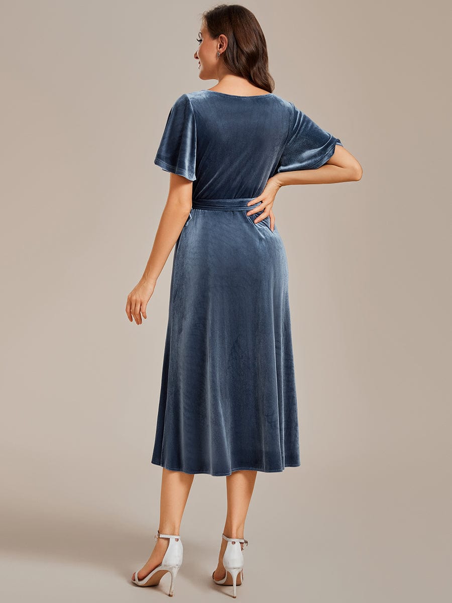 Velvet V-Neck Short Sleeve Midi Wedding Guest Dress