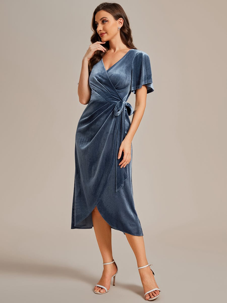 Velvet V-Neck Short Sleeve Midi Wedding Guest Dress