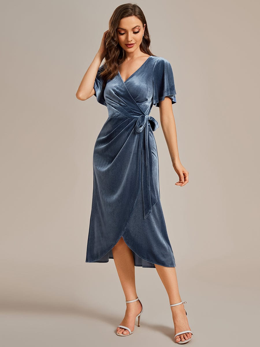 Velvet V-Neck Short Sleeve Midi Wedding Guest Dress