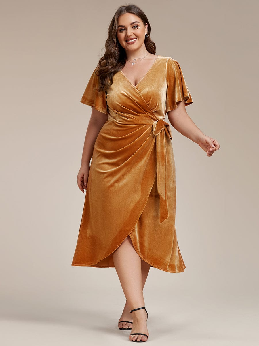 Velvet V-Neck Short Sleeve Midi Wedding Guest Dress