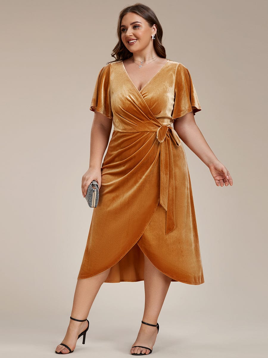 Velvet V-Neck Short Sleeve Midi Wedding Guest Dress