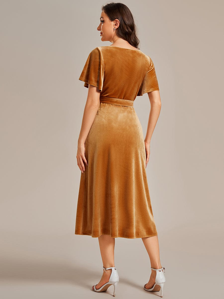 Velvet V-Neck Short Sleeve Midi Wedding Guest Dress