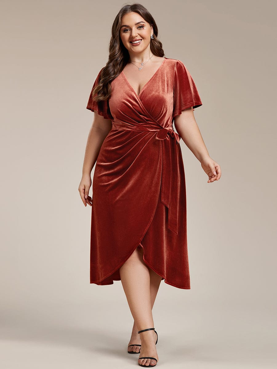 Velvet V-Neck Short Sleeve Midi Wedding Guest Dress