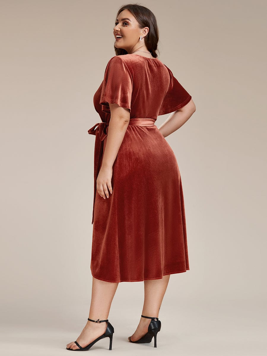 Velvet V-Neck Short Sleeve Midi Wedding Guest Dress