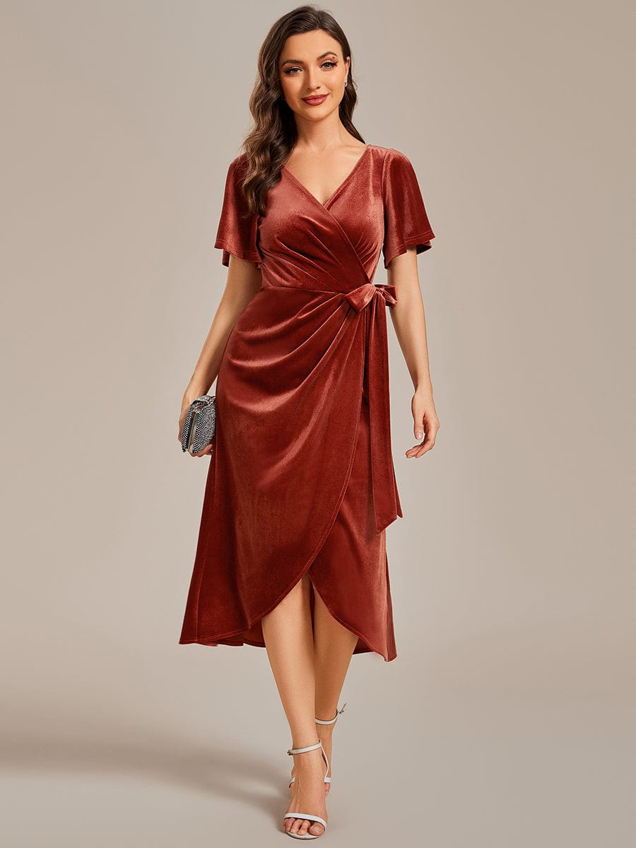 Velvet V-Neck Short Sleeve Midi Wedding Guest Dress