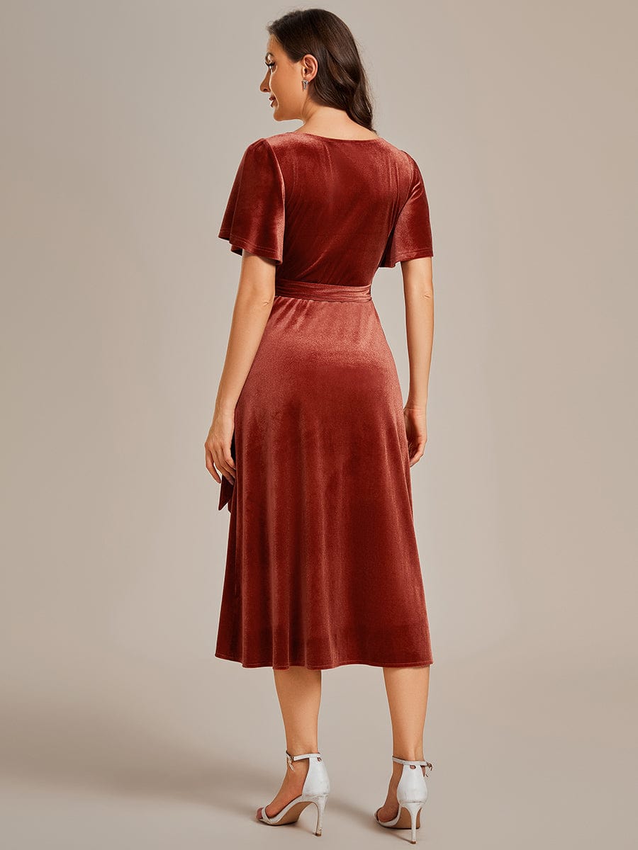 Velvet V-Neck Short Sleeve Midi Wedding Guest Dress