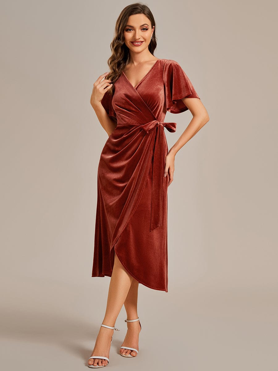 Velvet V-Neck Short Sleeve Midi Wedding Guest Dress