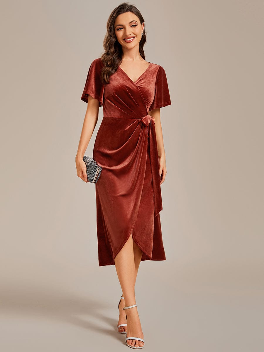 Velvet V-Neck Short Sleeve Midi Wedding Guest Dress