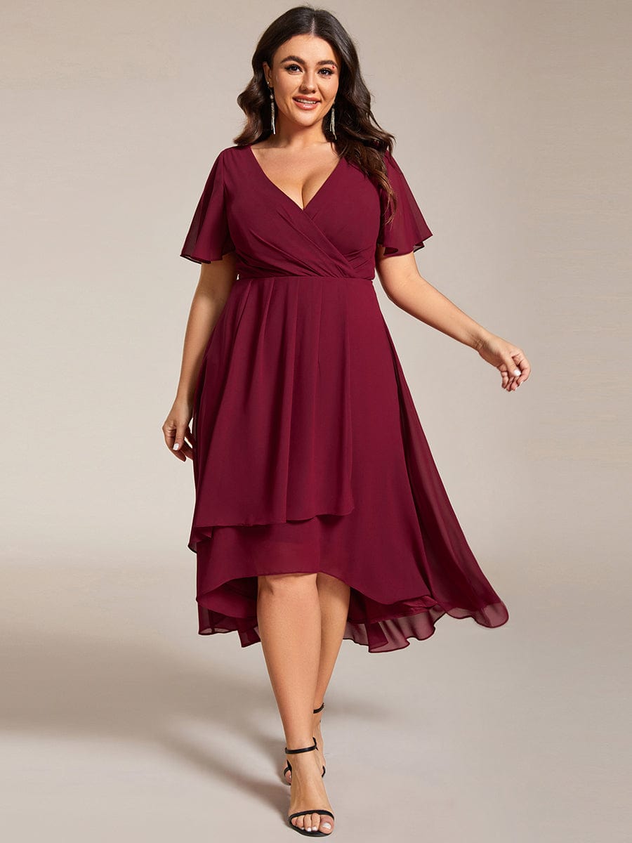 Elegant Plus Size Pleated V-Neck Chiffon A-Line Midi Wedding Guest Dress