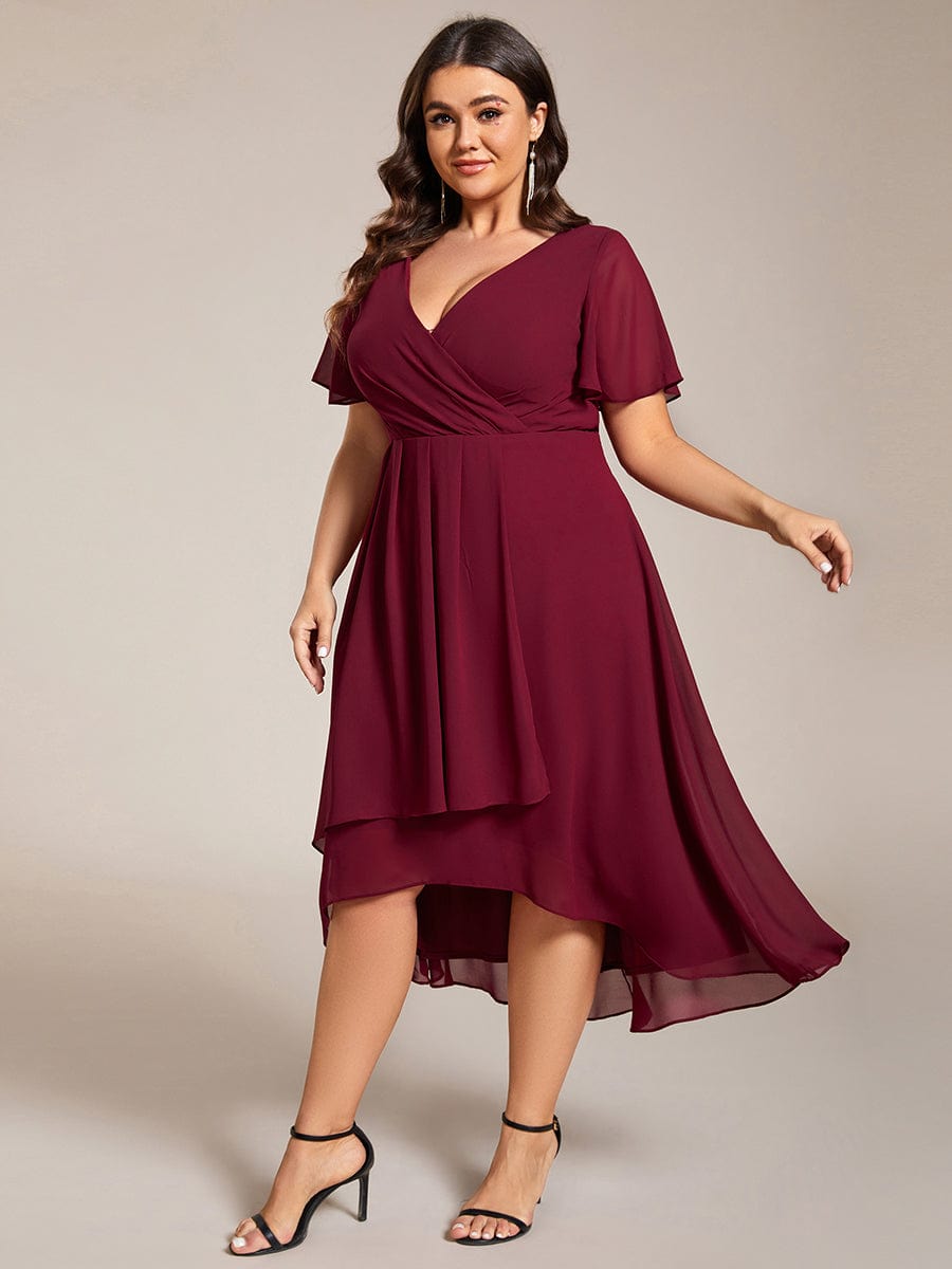 Elegant Plus Size Pleated V-Neck Chiffon A-Line Midi Wedding Guest Dress