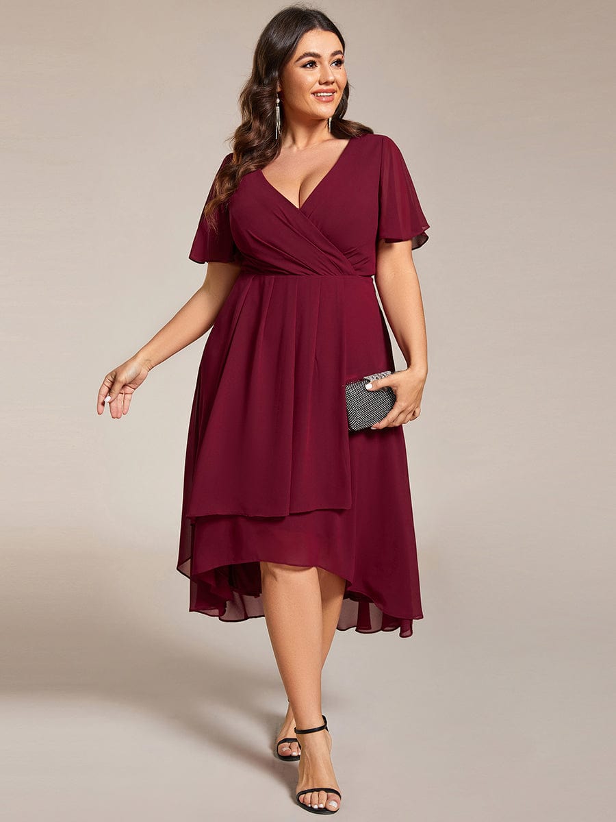 Elegant Plus Size Pleated V-Neck Chiffon A-Line Midi Wedding Guest Dress