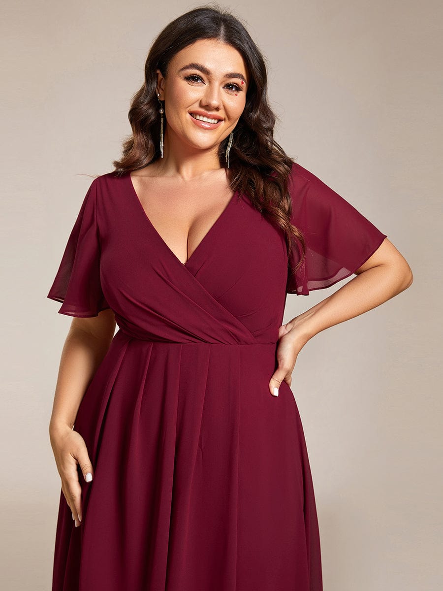 Elegant Plus Size Pleated V-Neck Chiffon A-Line Midi Wedding Guest Dress