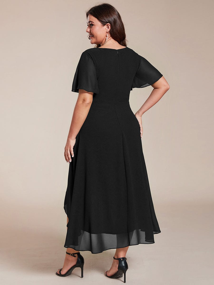 Elegant Plus Size Pleated V-Neck Chiffon A-Line Midi Wedding Guest Dress