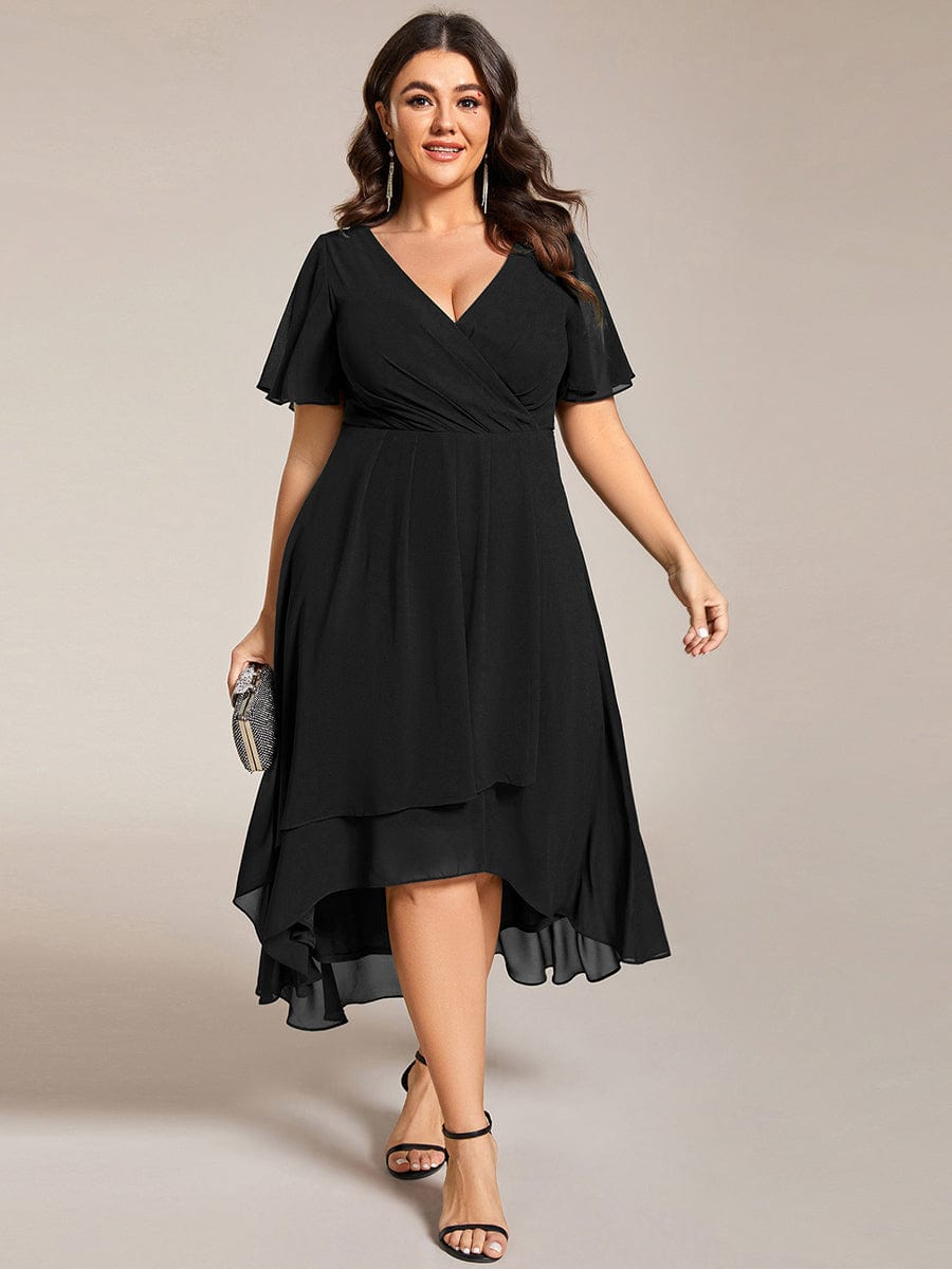 Elegant Plus Size Pleated V-Neck Chiffon A-Line Midi Wedding Guest Dress