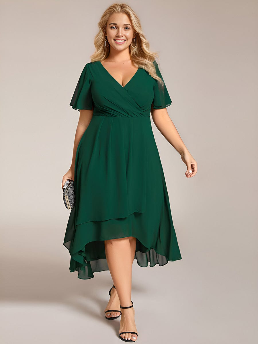 Elegant Plus Size Pleated V-Neck Chiffon A-Line Midi Wedding Guest Dress