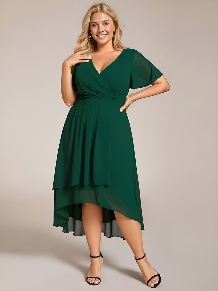 Elegant Plus Size Pleated V-Neck Chiffon A-Line Midi Wedding Guest Dress