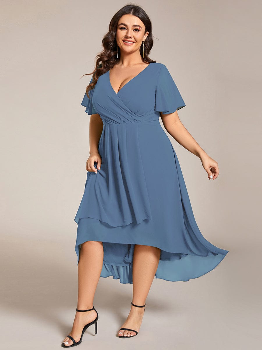 Elegant Plus Size Pleated V-Neck Chiffon A-Line Midi Wedding Guest Dress