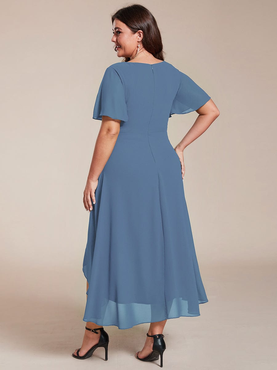 Elegant Plus Size Pleated V-Neck Chiffon A-Line Midi Wedding Guest Dress