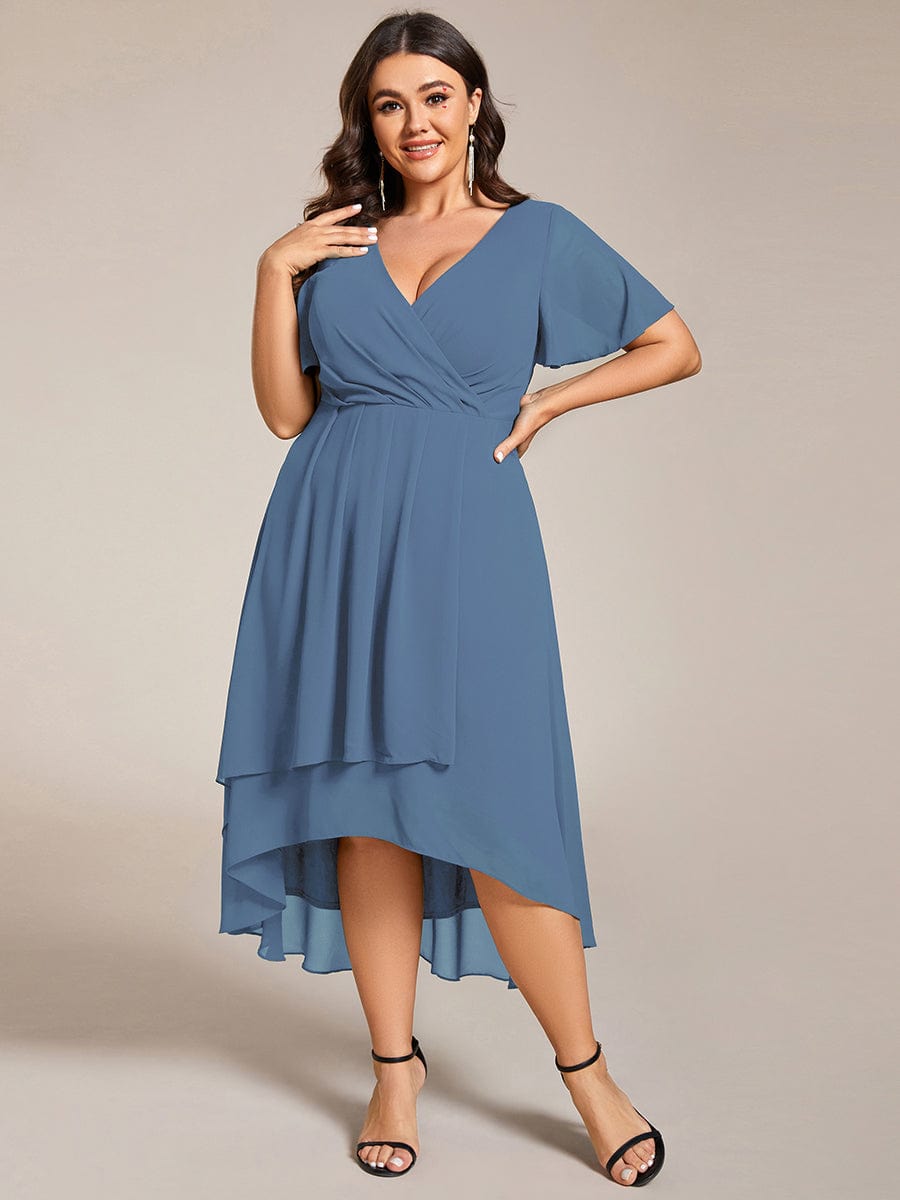 Elegant Plus Size Pleated V-Neck Chiffon A-Line Midi Wedding Guest Dress