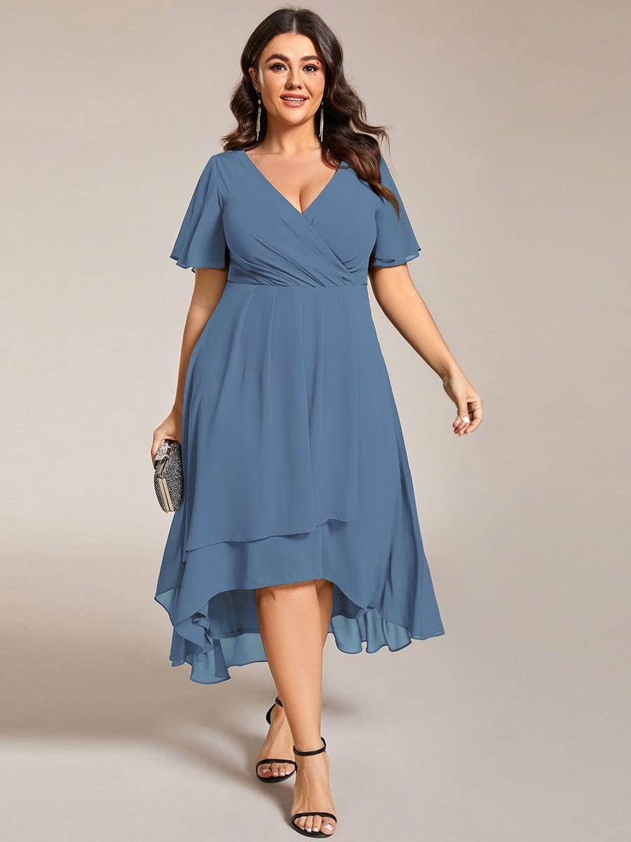 Elegant Plus Size Pleated V-Neck Chiffon A-Line Midi Wedding Guest Dress