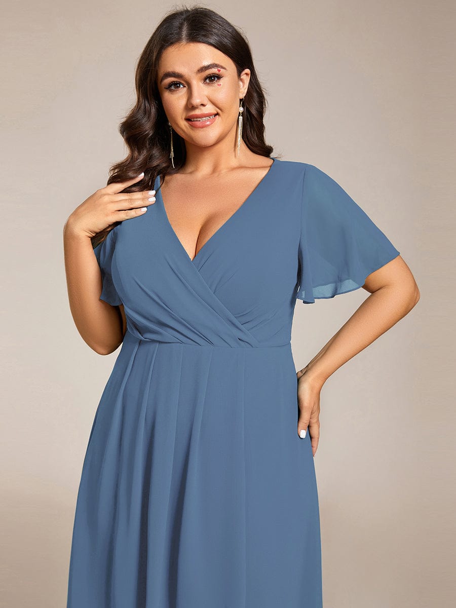 Elegant Plus Size Pleated V-Neck Chiffon A-Line Midi Wedding Guest Dress