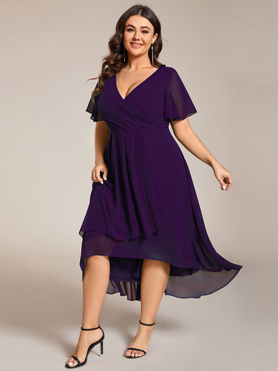 Elegant Plus Size Pleated V-Neck Chiffon A-Line Midi Wedding Guest Dress