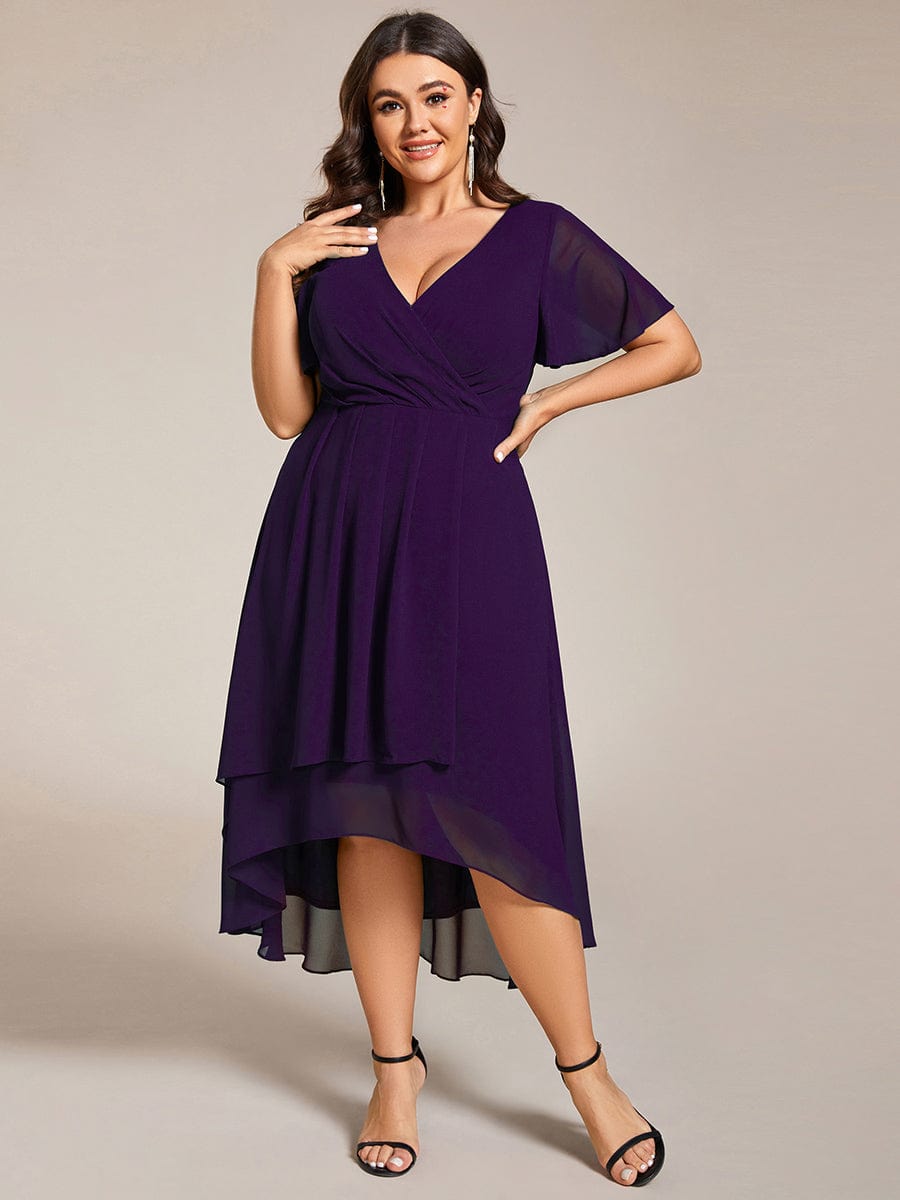 Elegant Plus Size Pleated V-Neck Chiffon A-Line Midi Wedding Guest Dress