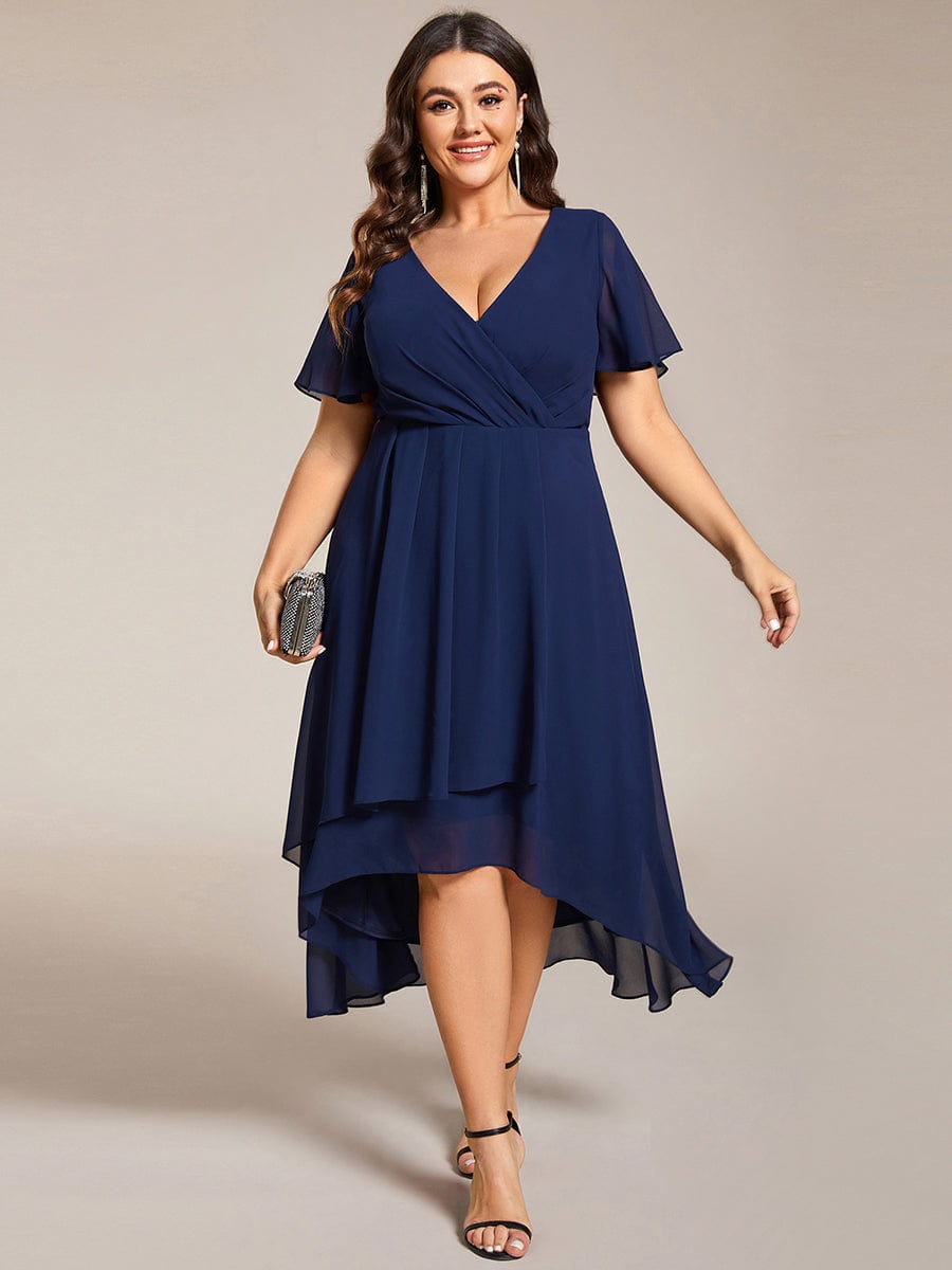 Elegant Plus Size Pleated V-Neck Chiffon A-Line Midi Wedding Guest Dress