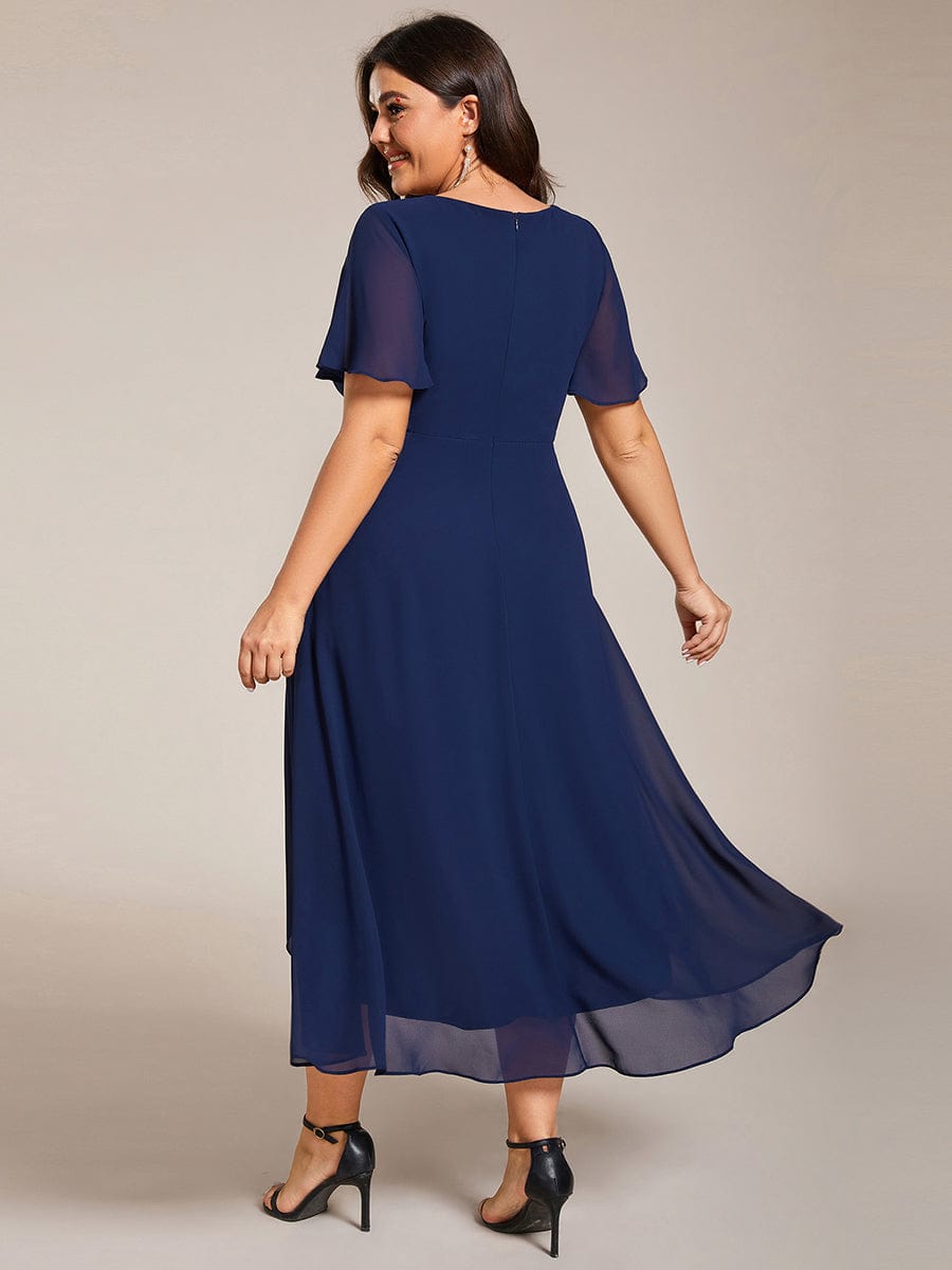 Elegant Plus Size Pleated V-Neck Chiffon A-Line Midi Wedding Guest Dress