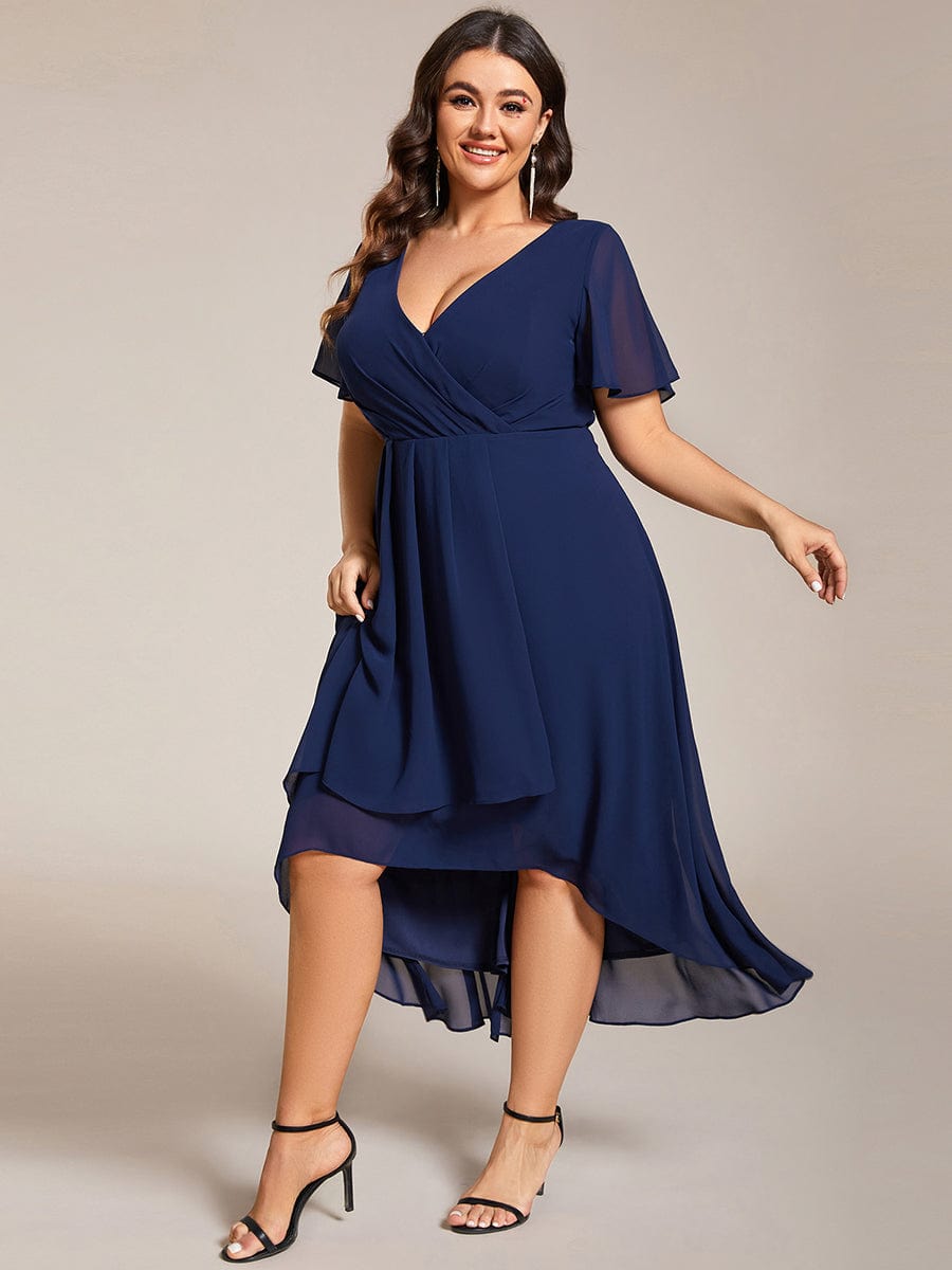 Elegant Plus Size Pleated V-Neck Chiffon A-Line Midi Wedding Guest Dress