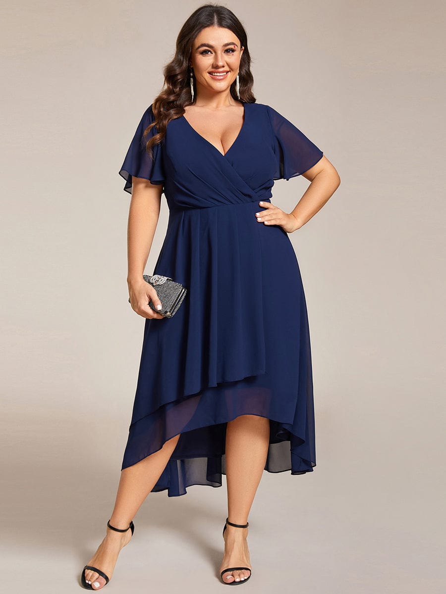 Elegant Plus Size Pleated V-Neck Chiffon A-Line Midi Wedding Guest Dress