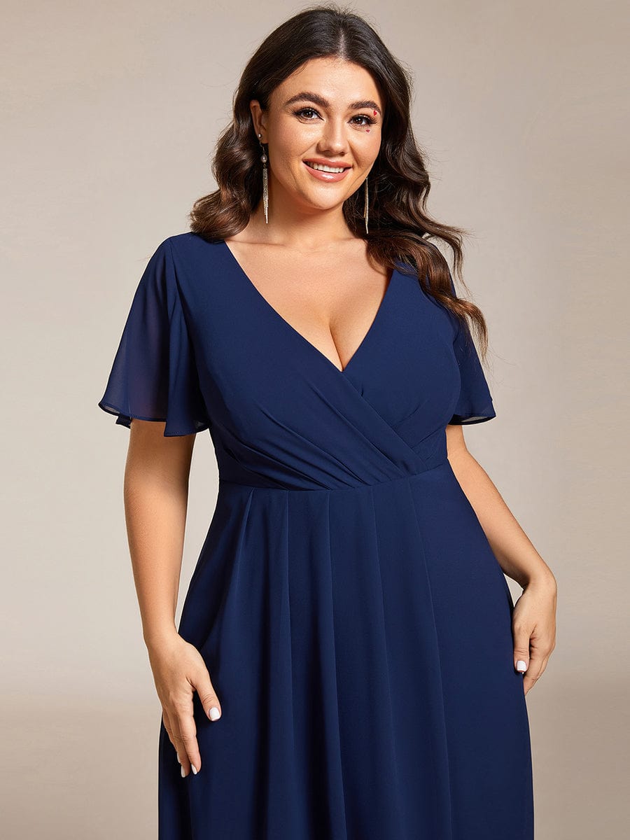 Elegant Plus Size Pleated V-Neck Chiffon A-Line Midi Wedding Guest Dress