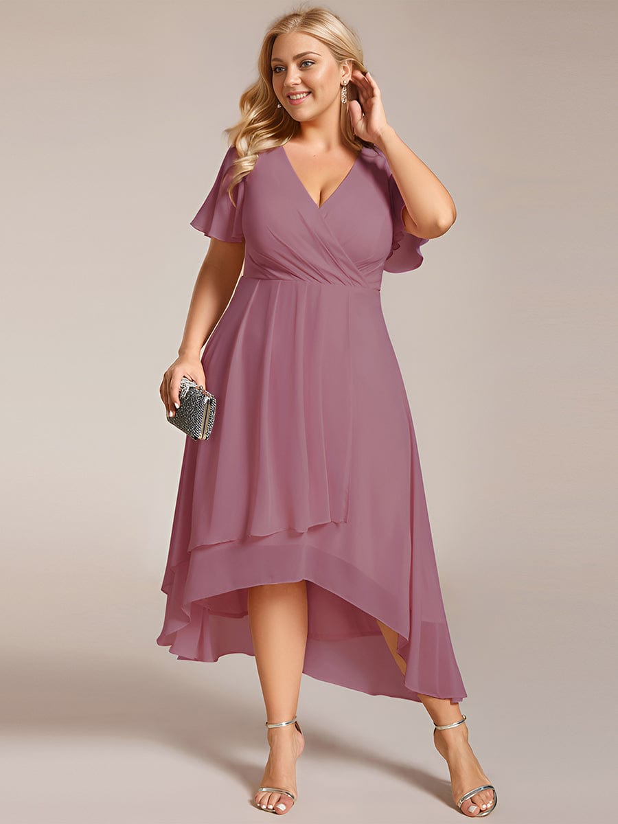 Elegant Plus Size Pleated V-Neck Chiffon A-Line Midi Wedding Guest Dress