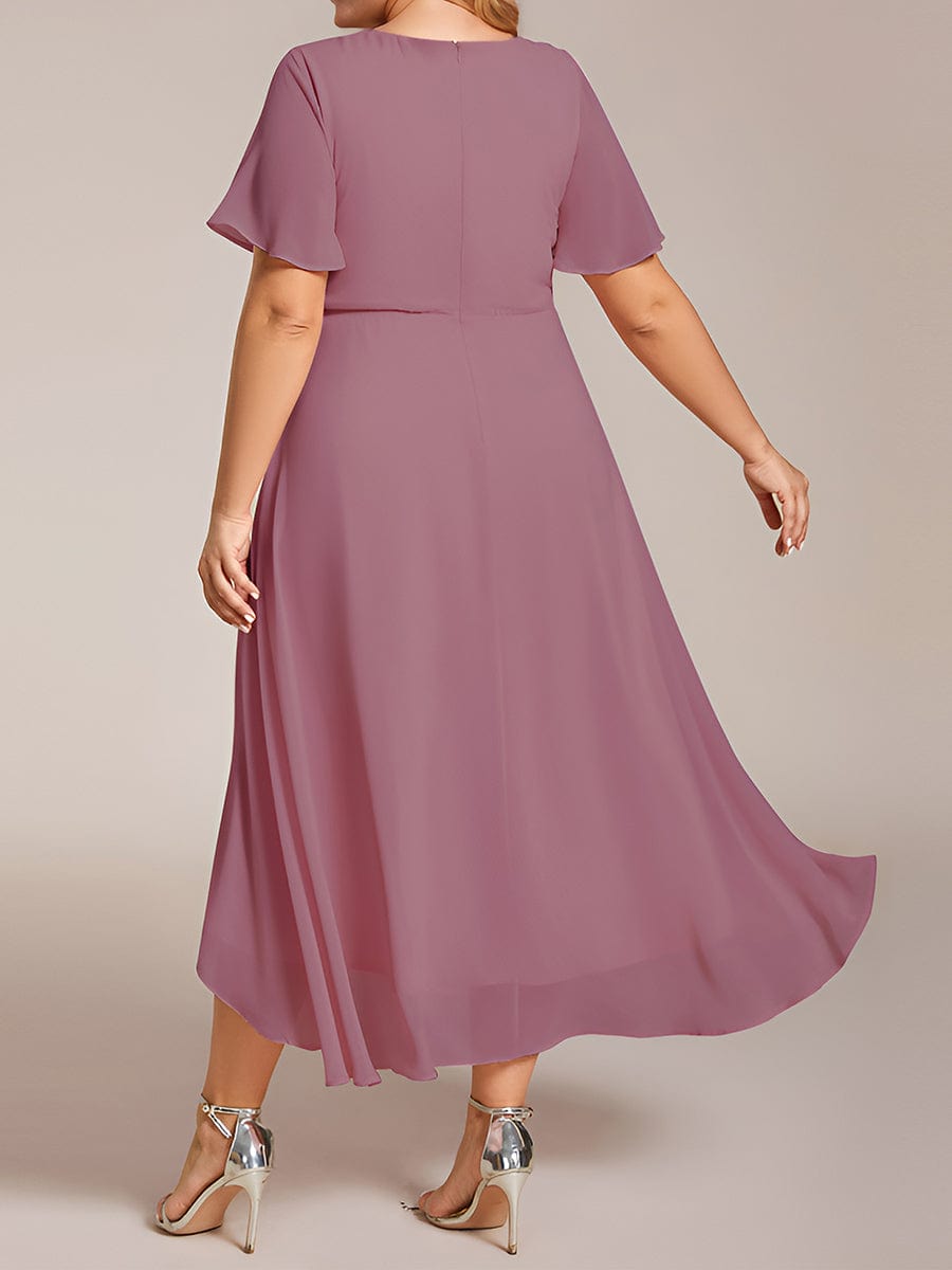 Elegant Plus Size Pleated V-Neck Chiffon A-Line Midi Wedding Guest Dress