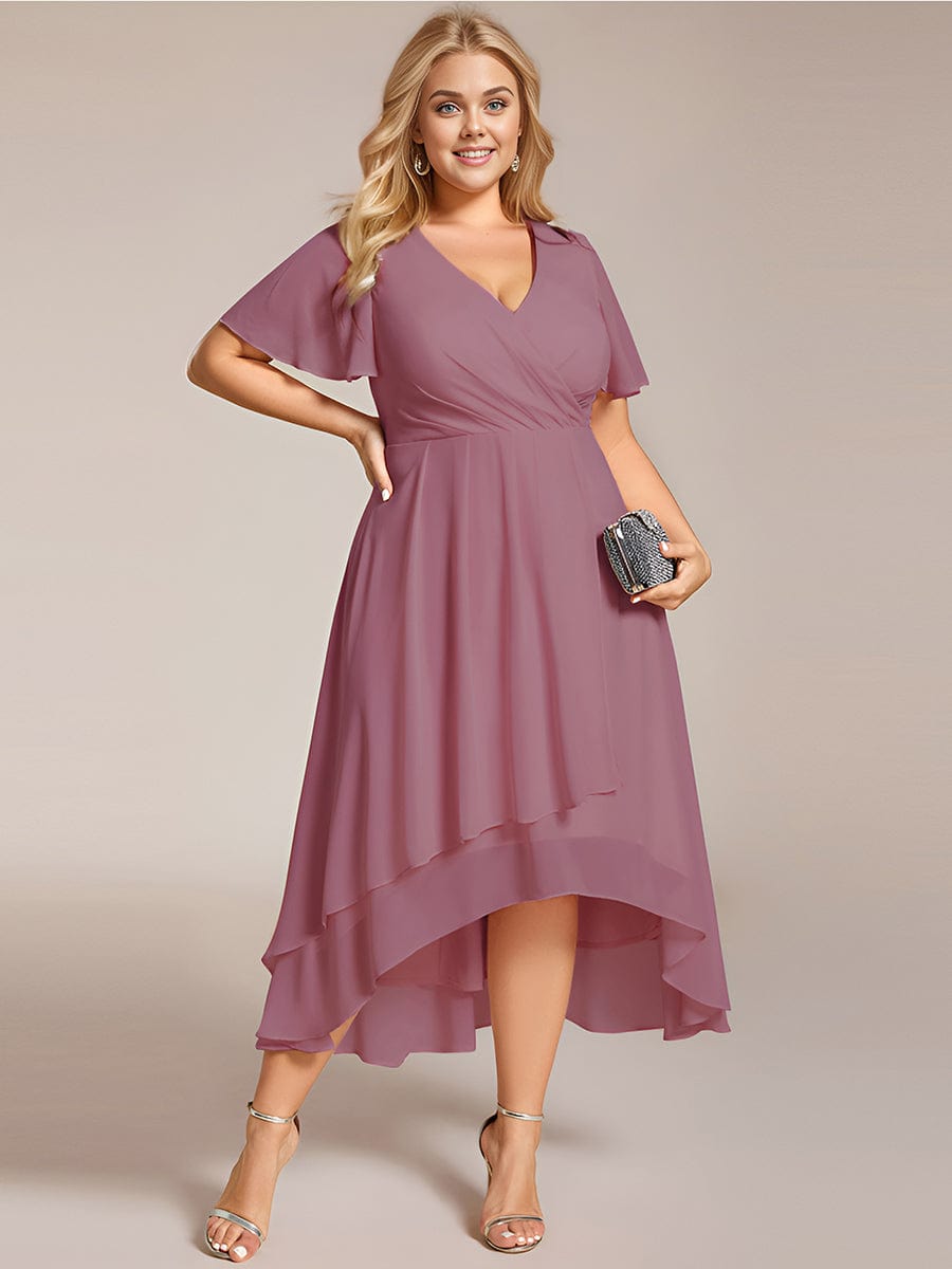 Elegant Plus Size Pleated V-Neck Chiffon A-Line Midi Wedding Guest Dress