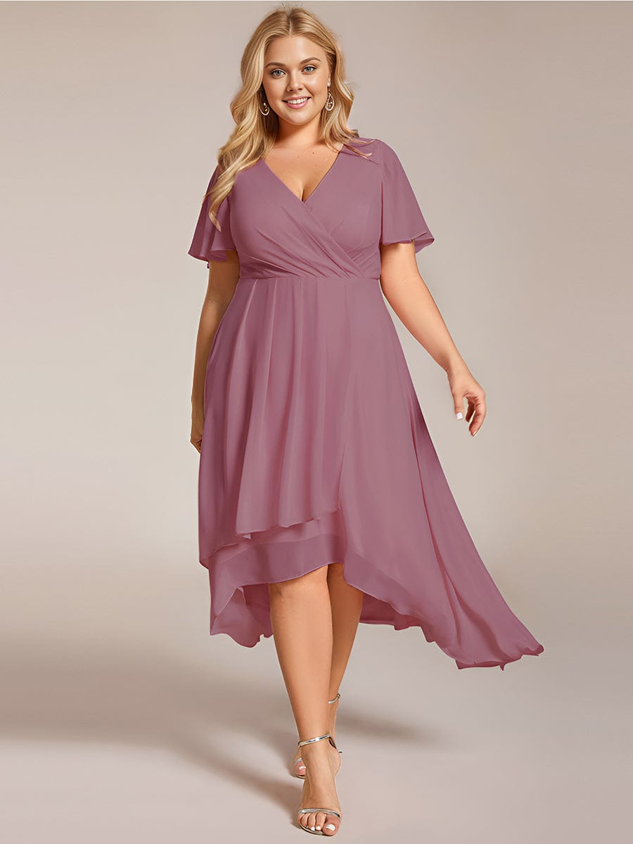 Elegant Plus Size Pleated V-Neck Chiffon A-Line Midi Wedding Guest Dress