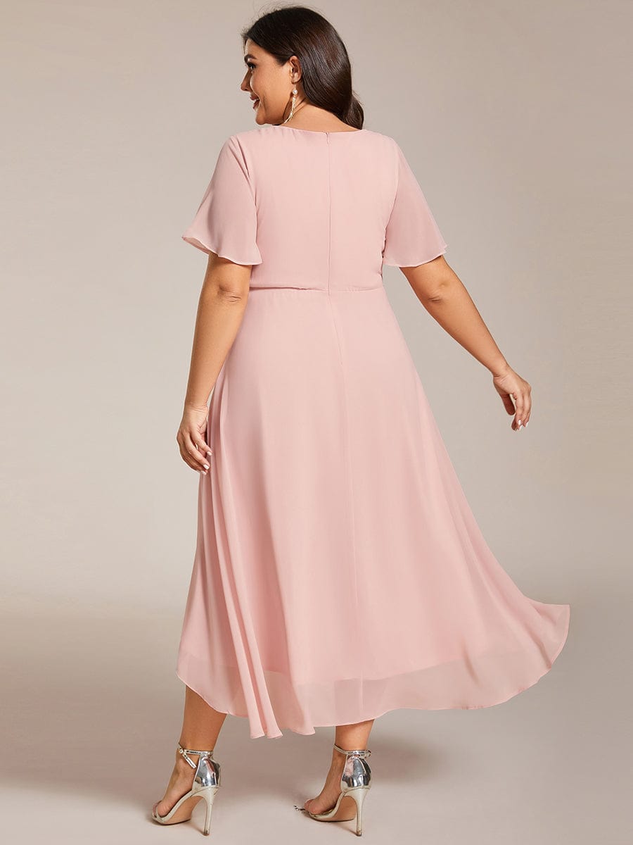 Elegant Plus Size Pleated V-Neck Chiffon A-Line Midi Wedding Guest Dress