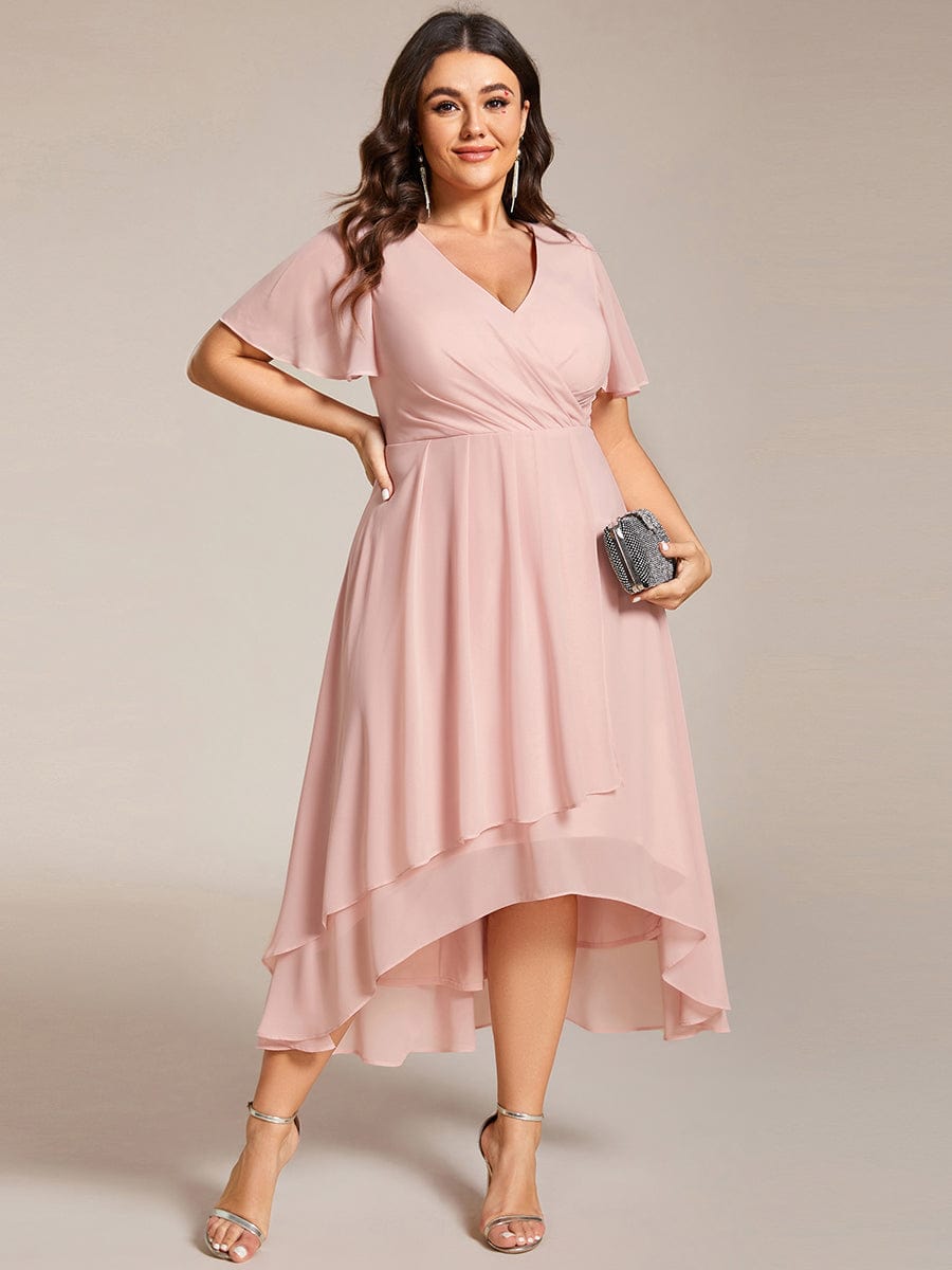 Elegant Plus Size Pleated V-Neck Chiffon A-Line Midi Wedding Guest Dress