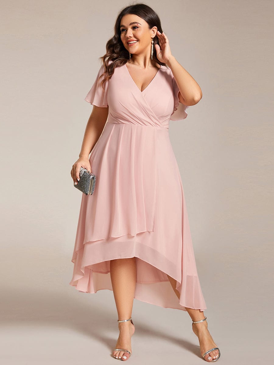 Elegant Plus Size Pleated V-Neck Chiffon A-Line Midi Wedding Guest Dress