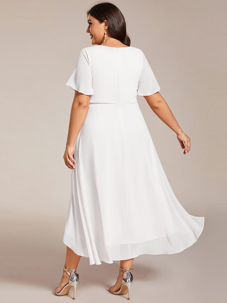 Elegant Plus Size Pleated V-Neck Chiffon A-Line Midi Wedding Guest Dress