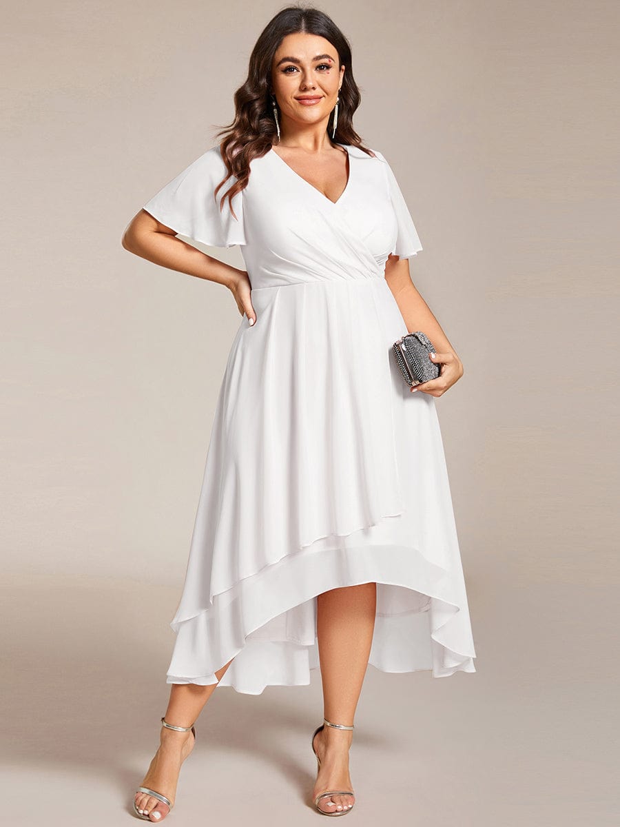 Elegant Plus Size Pleated V-Neck Chiffon A-Line Midi Wedding Guest Dress