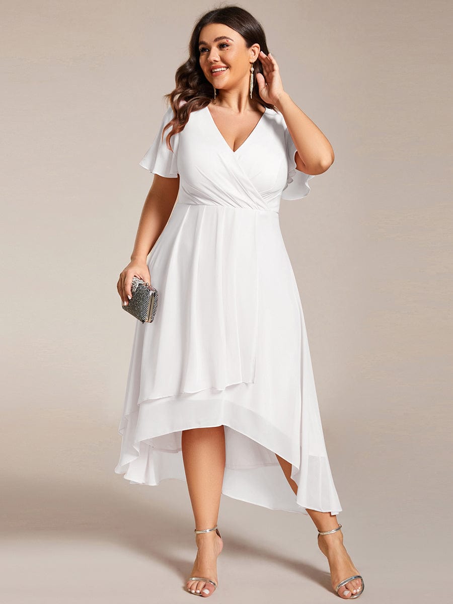 Elegant Plus Size Pleated V-Neck Chiffon A-Line Midi Wedding Guest Dress