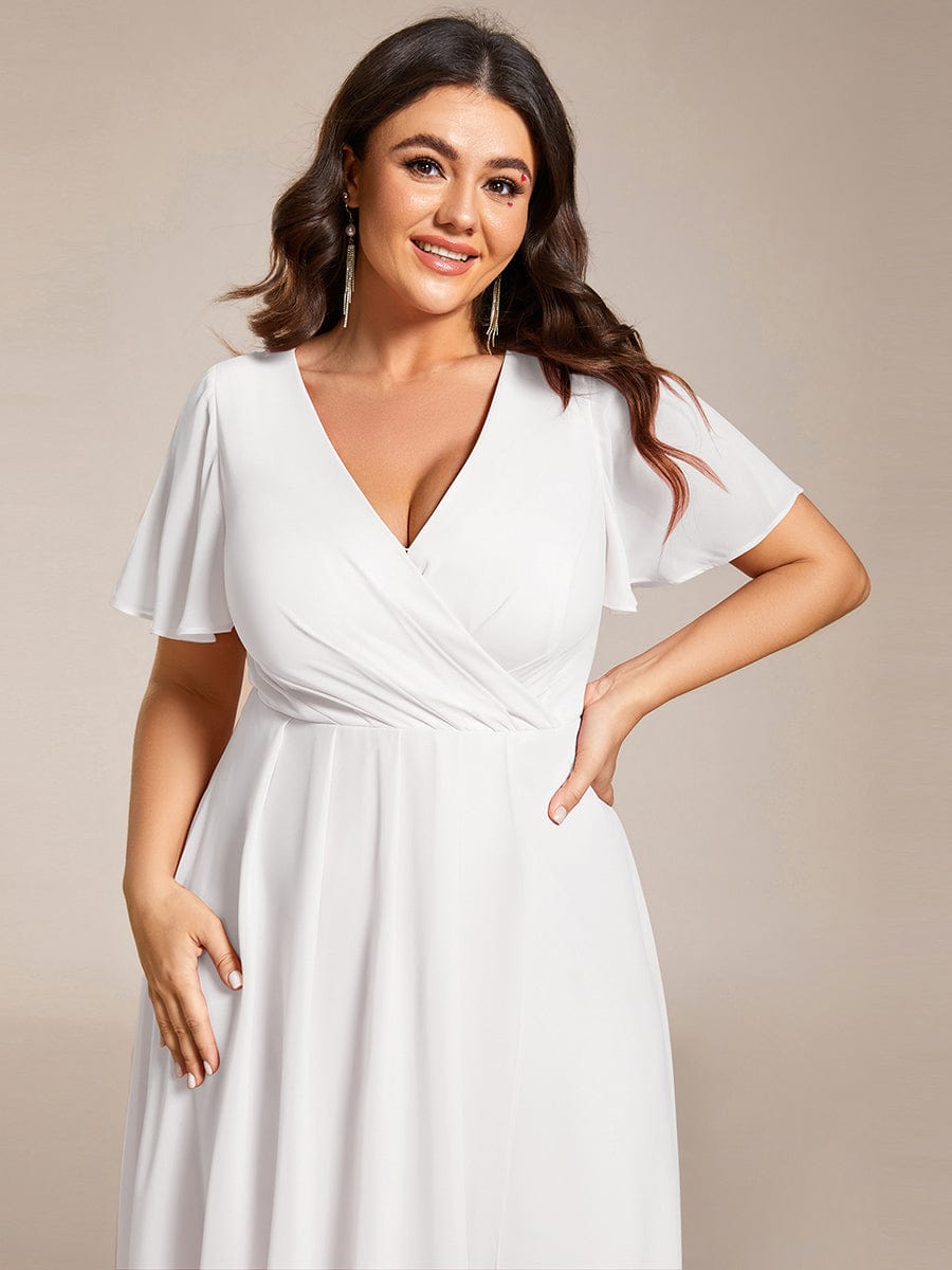 Elegant Plus Size Pleated V-Neck Chiffon A-Line Midi Wedding Guest Dress