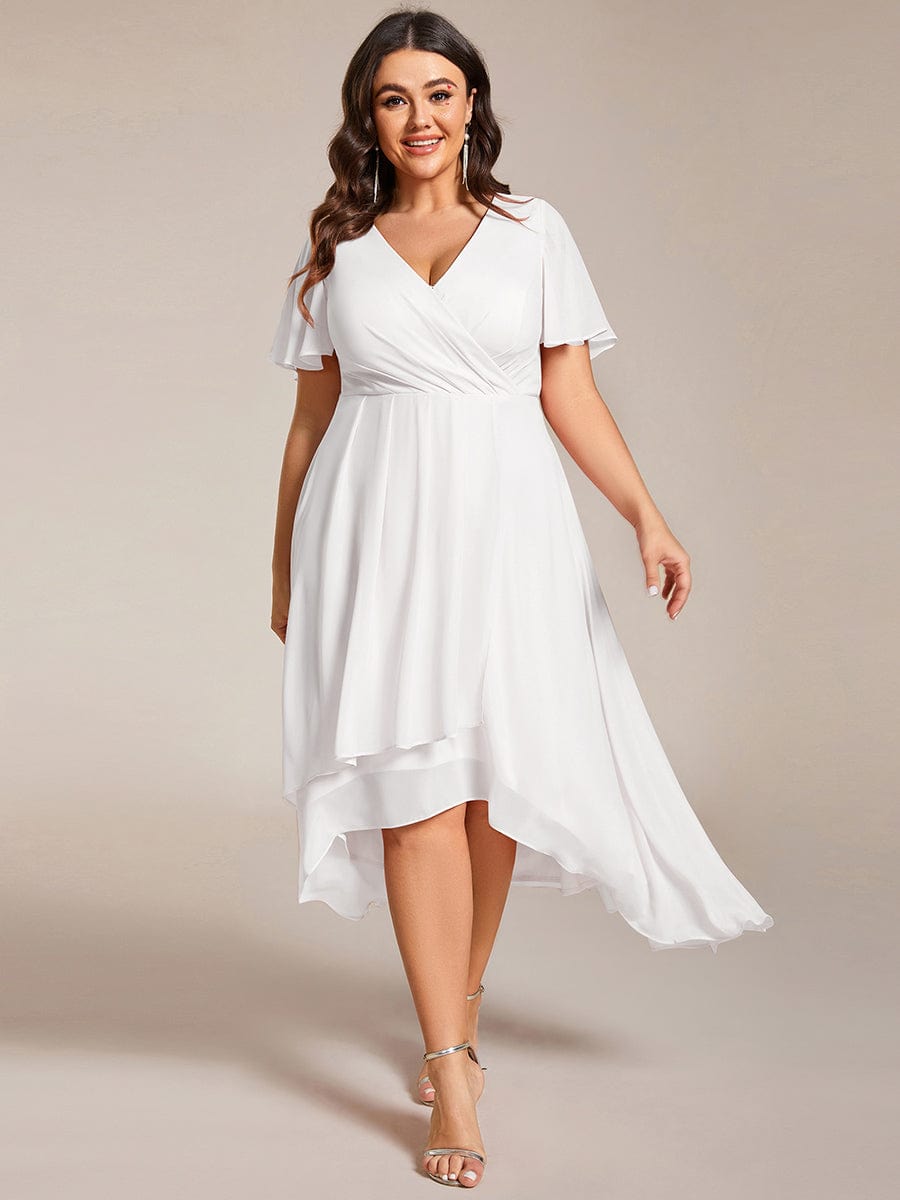 Elegant Plus Size Pleated V-Neck Chiffon A-Line Midi Wedding Guest Dress